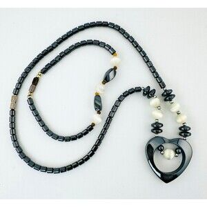 Vintage Hematite Heart Pendant Cat Eye Glass Beads Necklace Bracelet Set